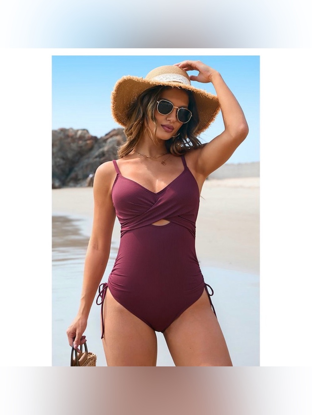 NWT Charmo Women's Ribbed Wrap-Front Cutout One-Piece Swimsuit Burgundy XL